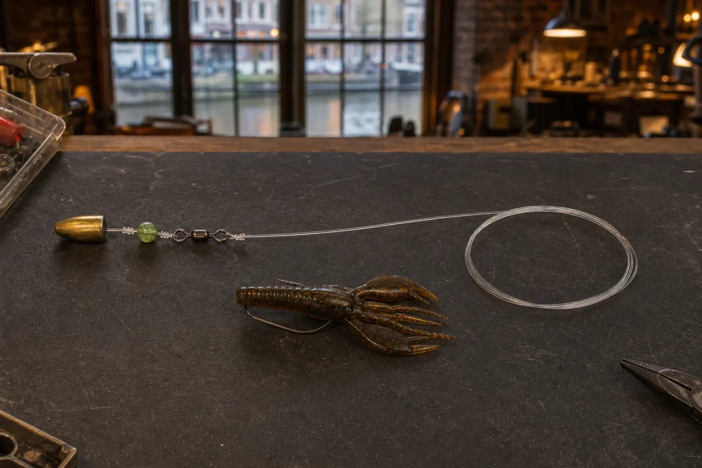 Carolina-rig met kogelgewicht, kraal, wartel en craw-kunstaas op een werkbank in Amsterdam