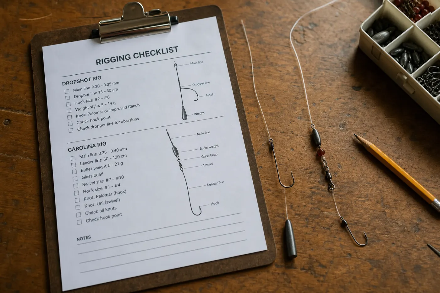 Gedrukte rigging-checklijst naast gemonteerde dropshot- en Carolina-rigs in Amsterdam