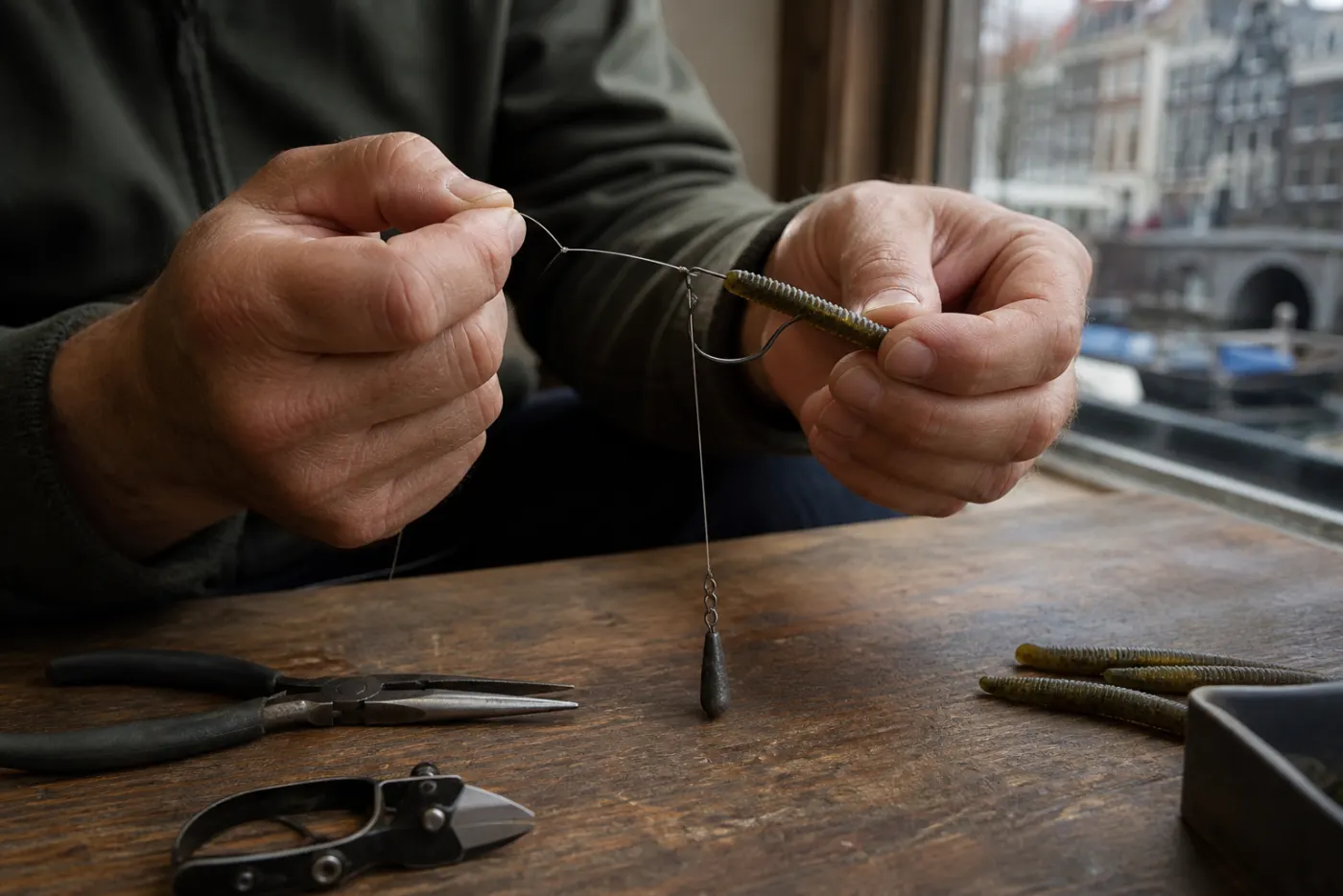 Handen monteren een dropshot-rig met fluorocarbon en kunstaas in het Amsterdamse lure-lab