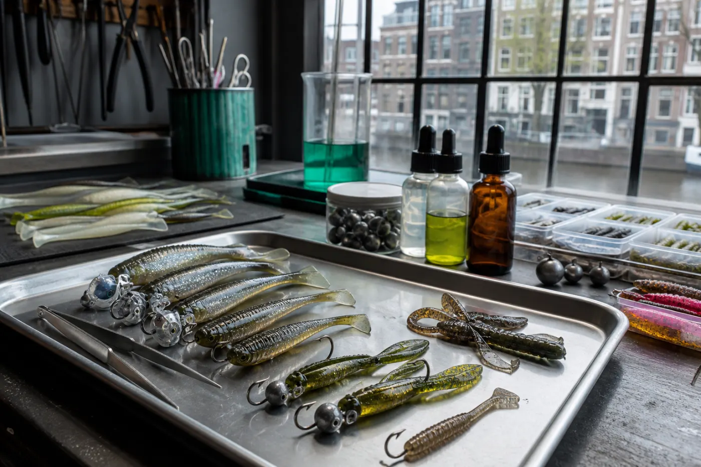 Kunstaas, jigkoppen en shads klaar voor afstelling op een labtafel in Amsterdam